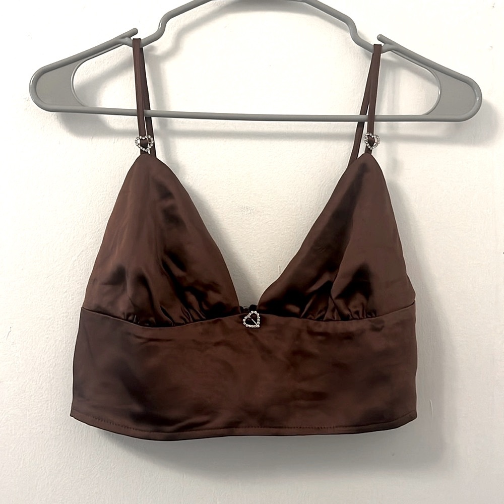 PacSun Brown Satin Bralette Crop Top with Heart Charms